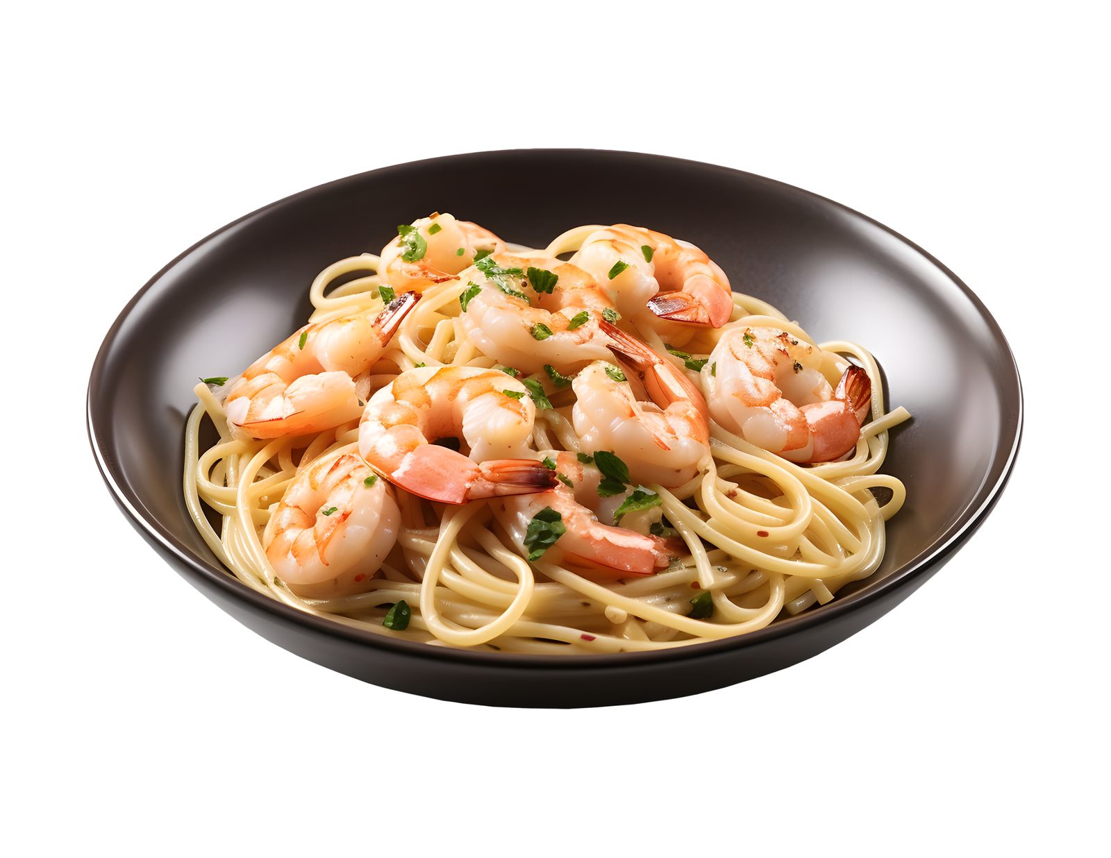 Shrimp scampi over linguine in garlic white wine butter sauce with lemon