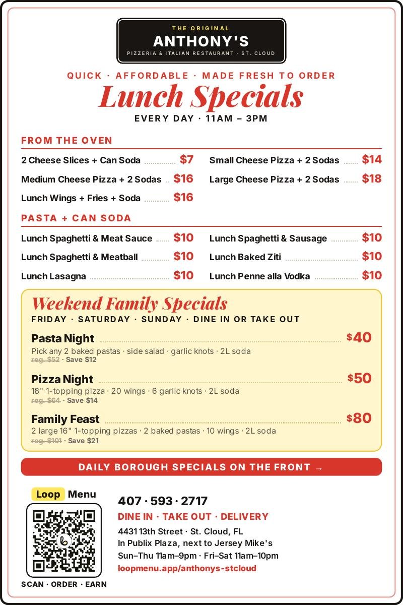 Anthony's Weekend & Lunch Specials — back side