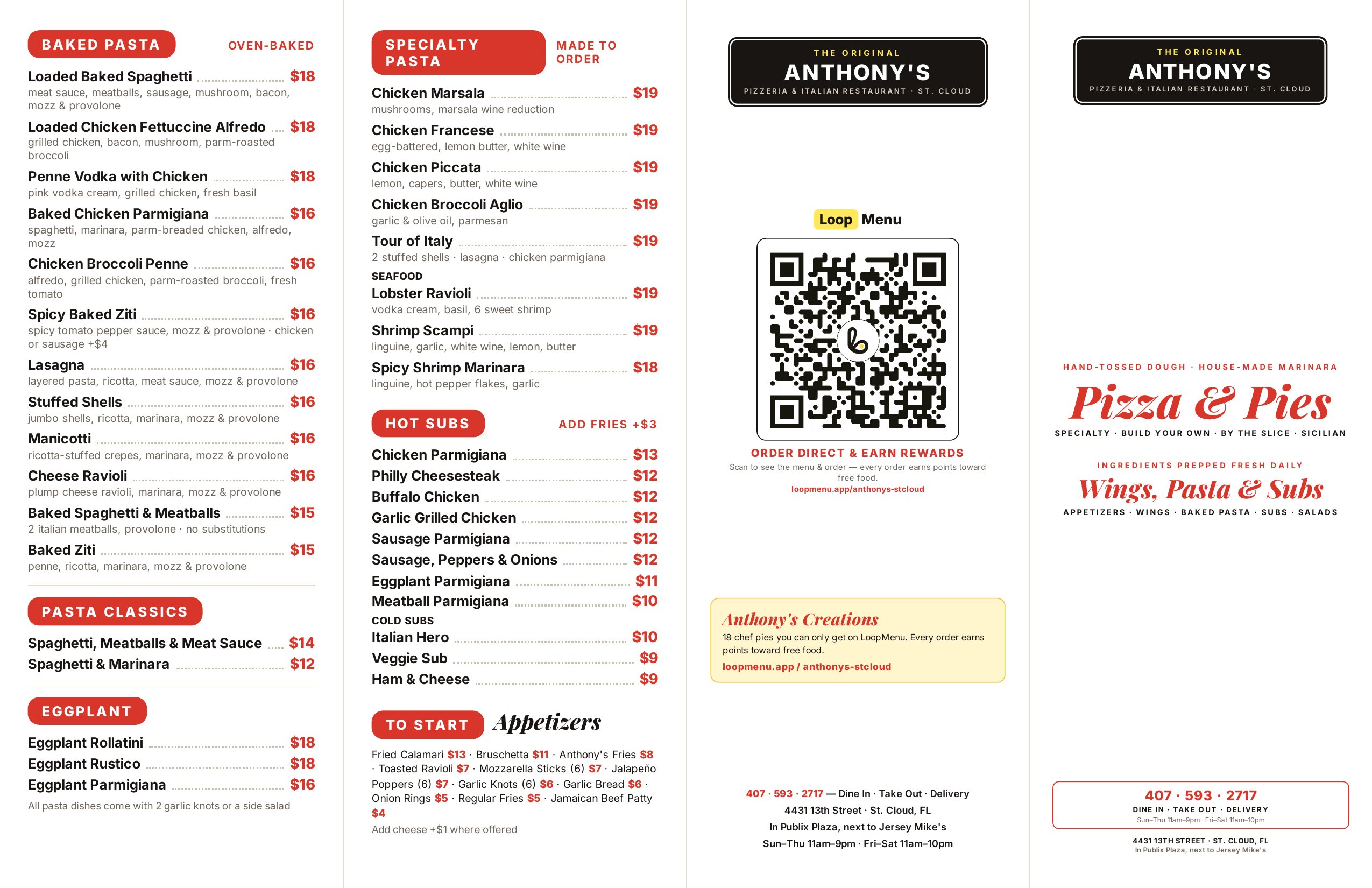 Anthony's menu page 1 — baked pasta, hot subs, appetizers