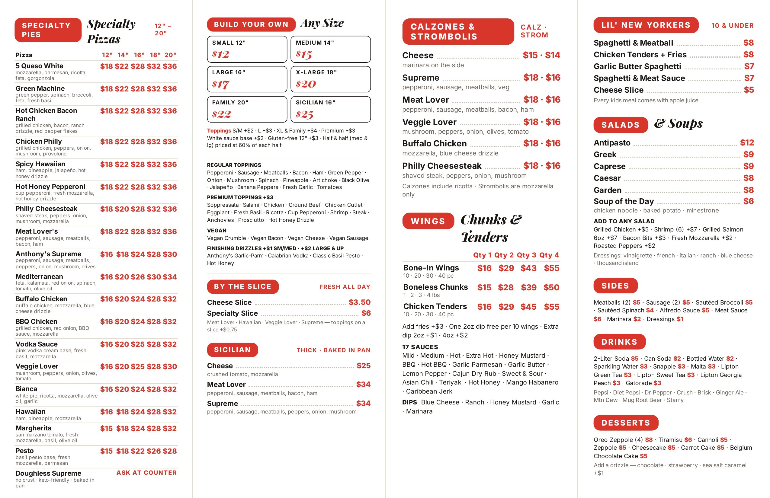 Anthony's menu page 2 — specialty pies, build your own, calzones, wings, salads, sides, drinks, desserts