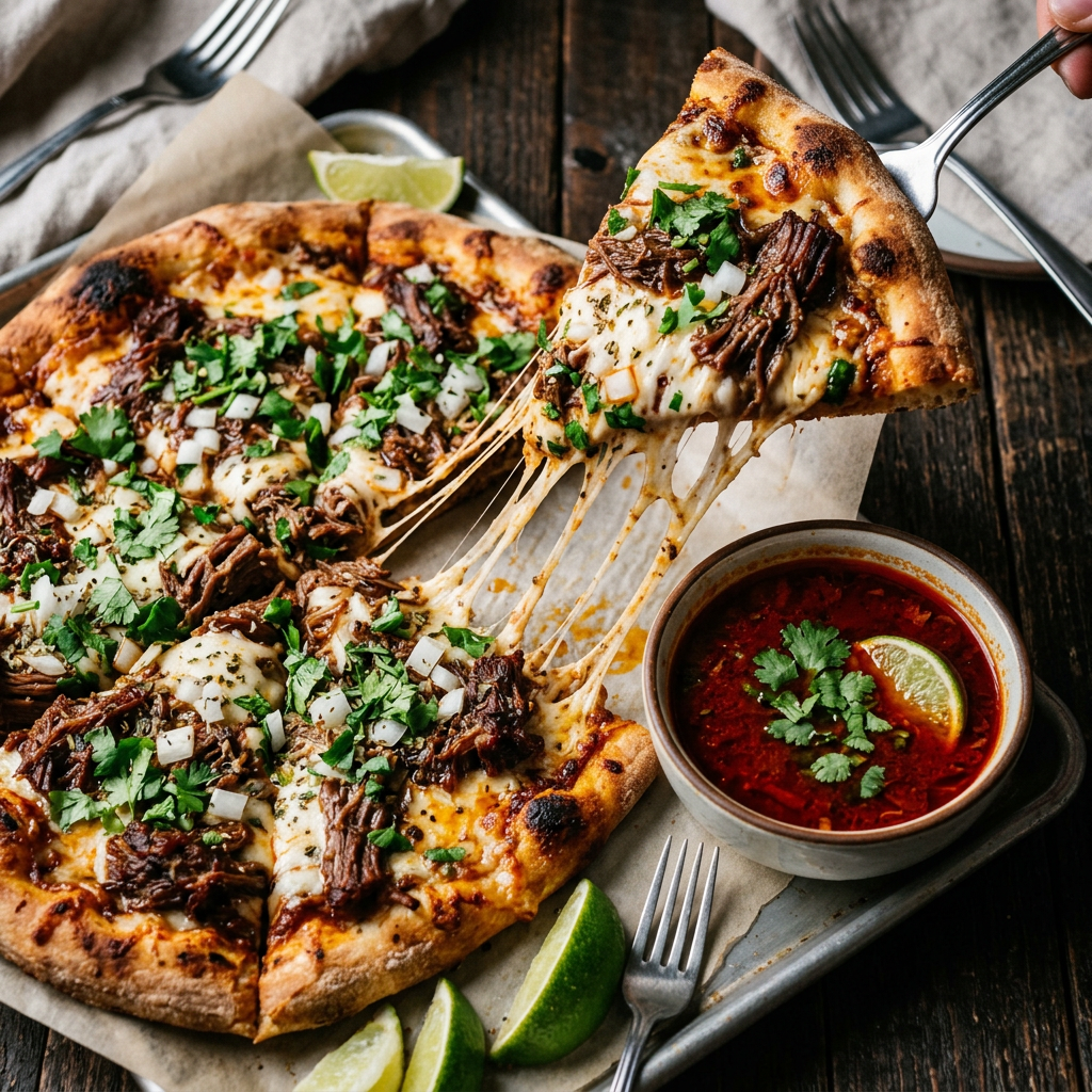 Birria pizza with tender braised beef, cilantro and lime