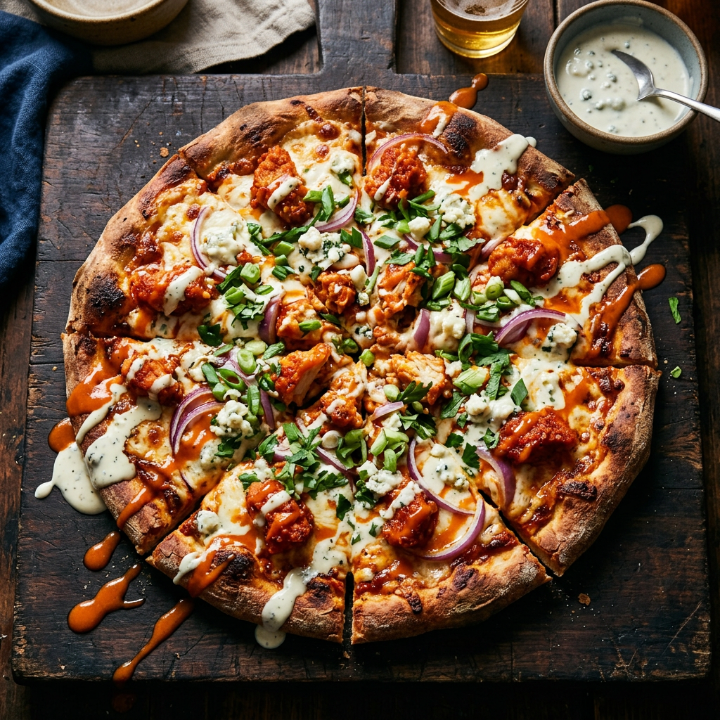 Buffalo chicken pizza with buffalo chicken, mozzarella and blue cheese drizzle