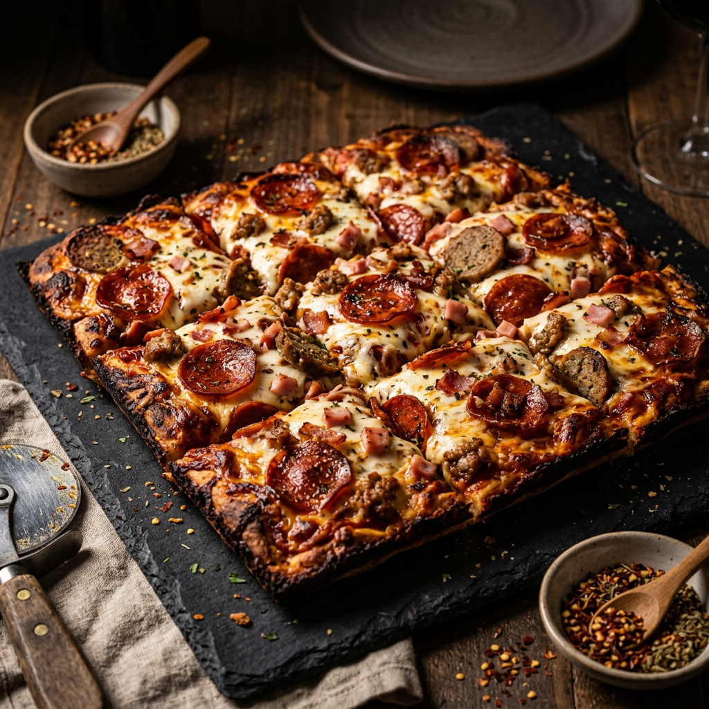 Meat lover's pizza loaded with pepperoni, sausage, meatballs, bacon and ham