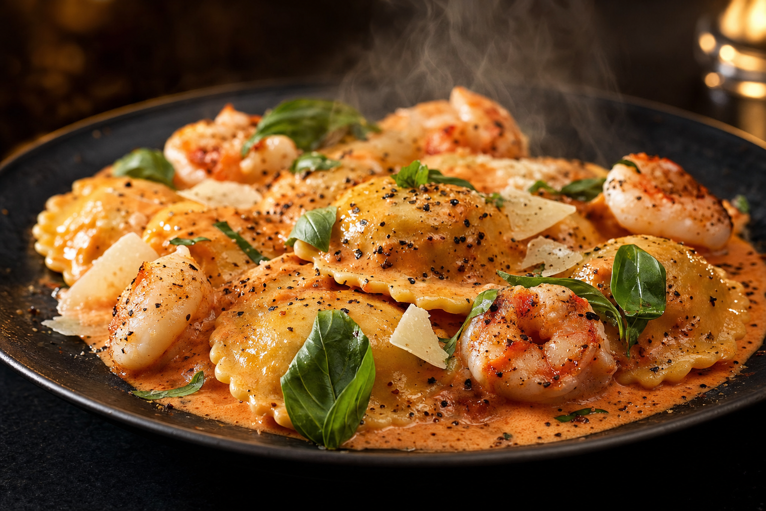 Lobster ravioli in pink vodka cream with jumbo shrimp and fresh basil